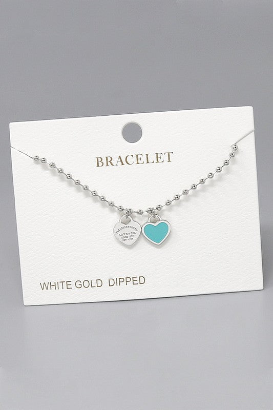 Double Heart Charm Gold Dipped Ball Chain Bracelet