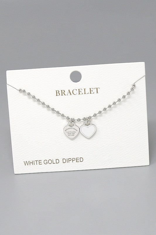 Double Heart Charm Gold Dipped Ball Chain Bracelet
