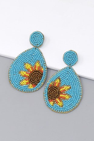 Sunflower Teardrop Seed Beaded Earrings