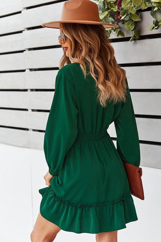 Green Solid Long Sleeve Tie Neck Dress (7008474005698)