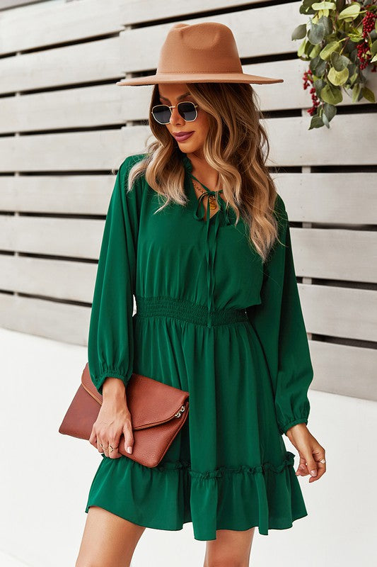 Green Solid Long Sleeve Tie Neck Dress (7008474005698)